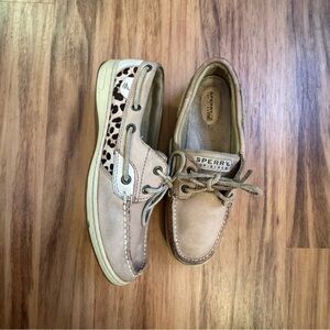 Sperry Leather Boat Women’s Shoes with Leopard Side Panel - Beige